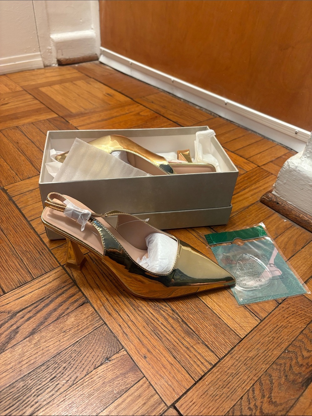 NWT Gold Kitten Heels with Rubber Sole Inserts